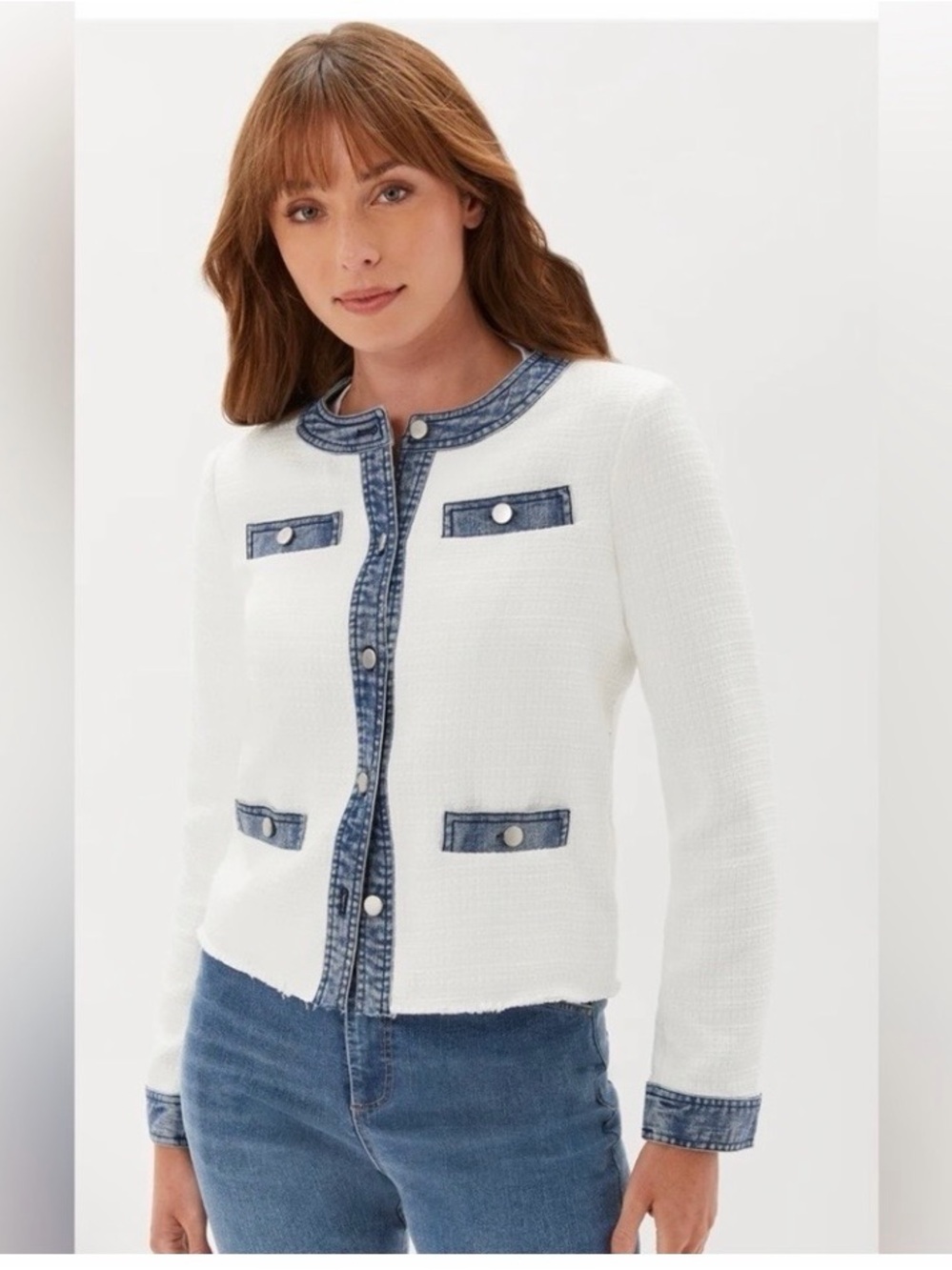 #644 ECRU Mixed Media Tweed Jacket with Blue Denim Trim. NWT - Picture 4 of 14